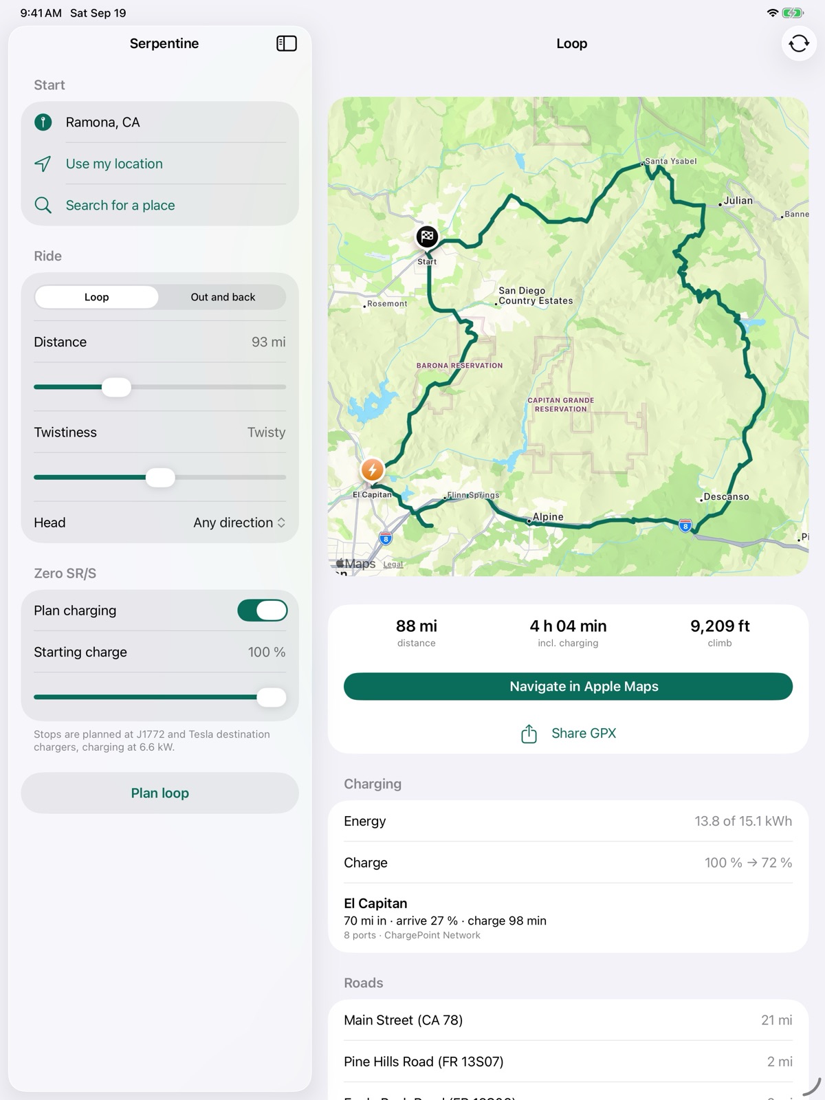 Serpentine on iPad: an 88-mile loop from Ramona through Julian, Descanso and Alpine, with a charging stop at El Capitan
