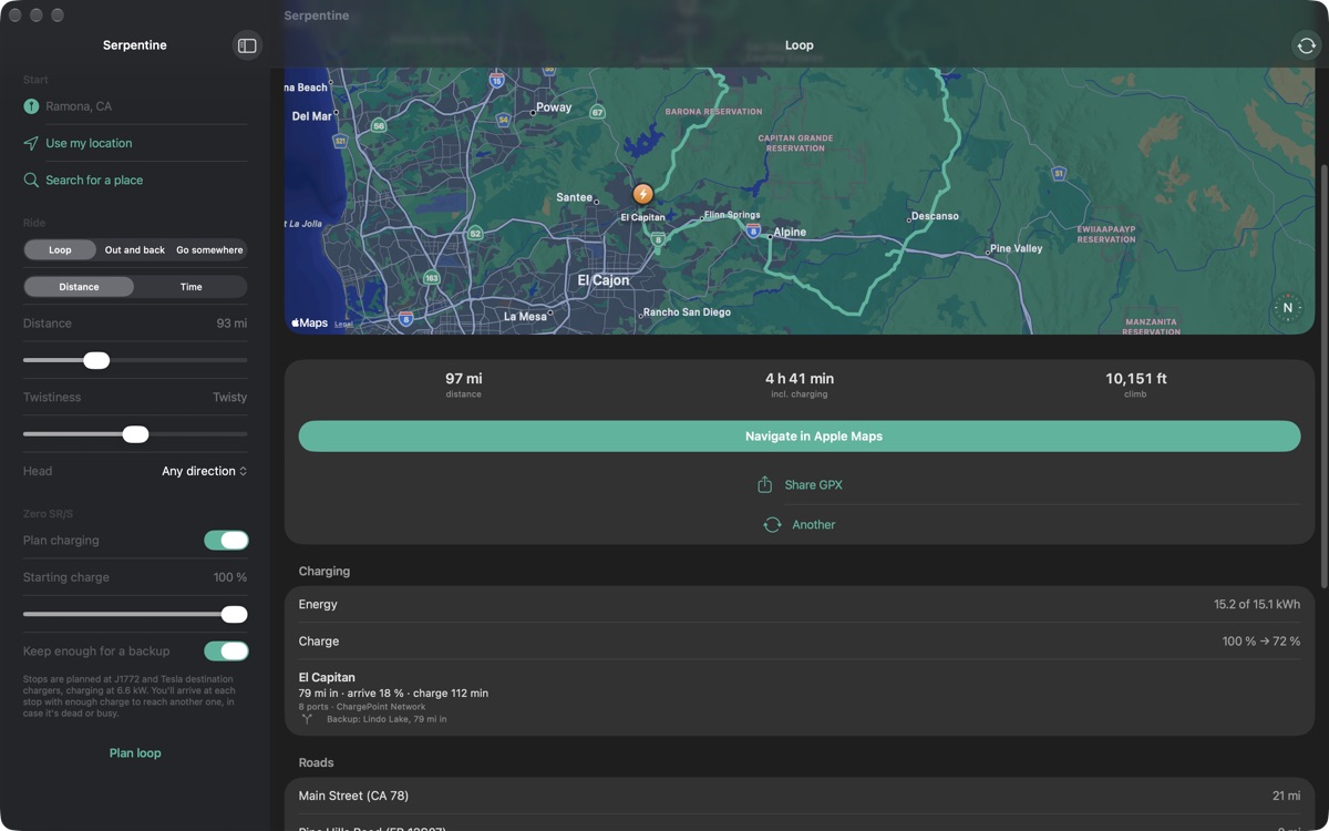 Serpentine on the Mac: the ride's charging detail beside the map