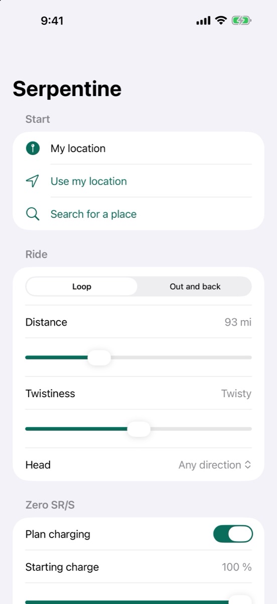 The plan screen: start, ride type, distance, twistiness and charging
