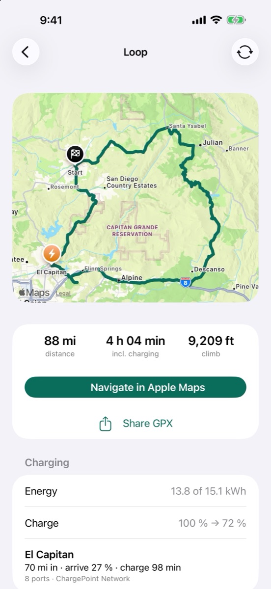 A planned loop on iPhone with distance, time and climb