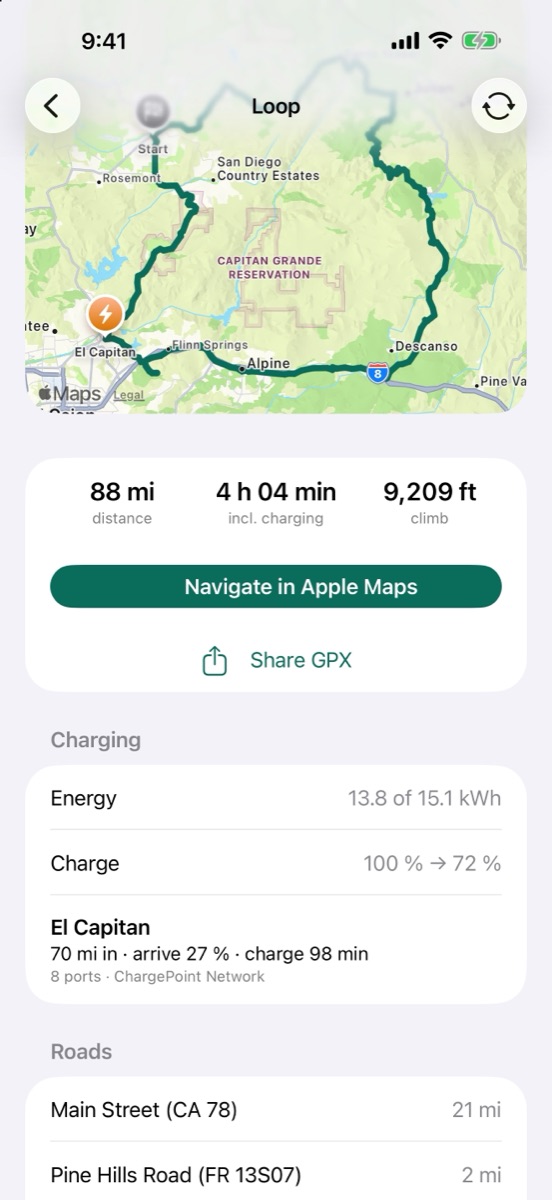 A charge stop showing arrival charge, dwell time and its backup charger