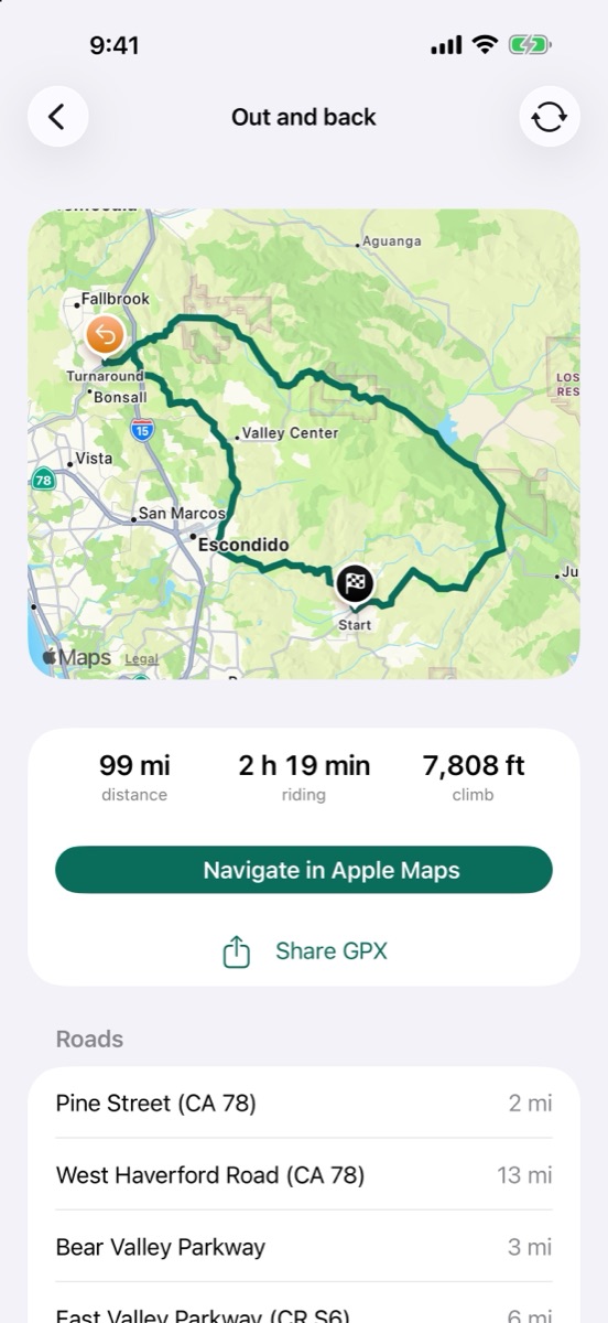 An out-and-back ride with a turnaround marker