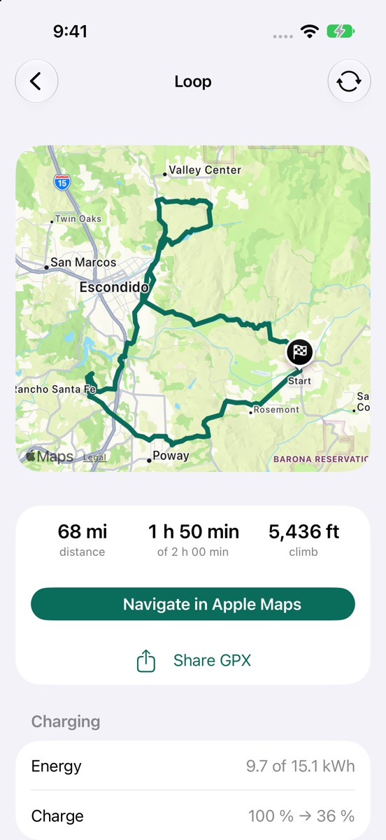 A ride planned to a two-hour budget, showing 1 h 50 min of 2 h 00 min