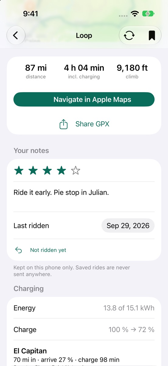 A saved ride with a four-star rating, notes and the date it was last ridden