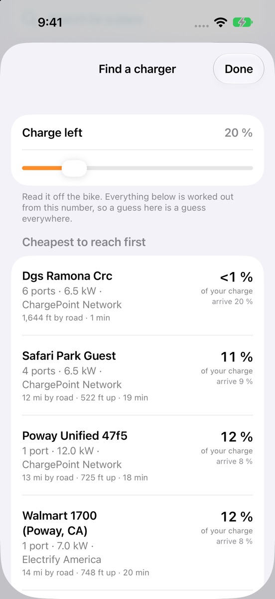 Chargers listed by the share of battery needed to reach each one, cheapest first